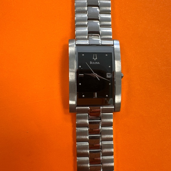 Bulova Silver Bracelet Watch with Black Rectangular Dial
